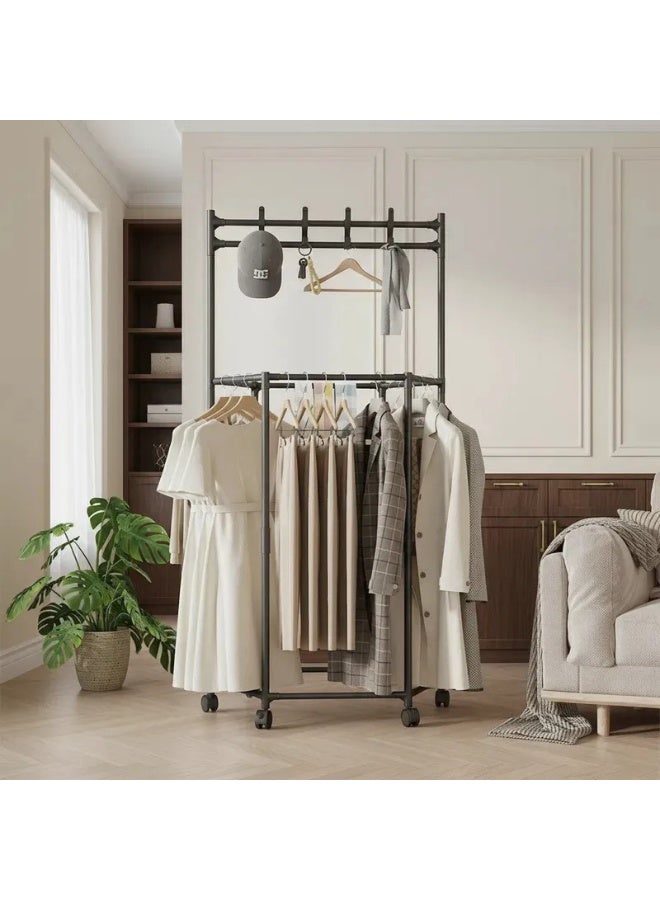 هابي هوم ستاند ملابس متحرك على عجلات 165×73×36 سم – علاقة ملابس أرضية معدنية شديدة التحمل مع رفوف تخزين متعددة، منظم ملابس عملي للمدخل وغرفة النوم وغرفة الملابس، تصميم عصري لتنظيم الملابس، الأحذية والإكسسوارات واستغلال المساحة بأفضل شكل - Image 2